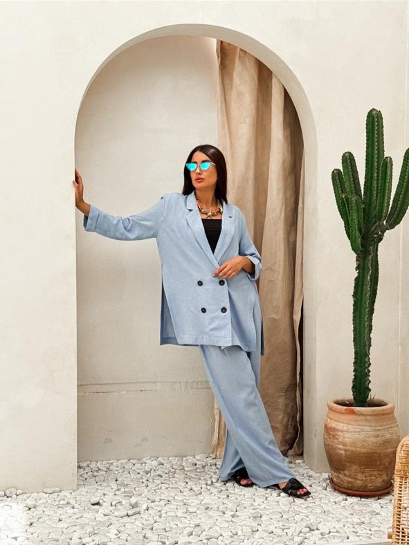 DOUBLE-BREASTED LINEN BLEND BLAZER - Light blue - Image 2