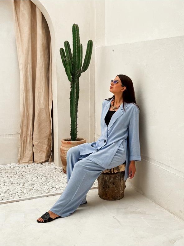 DOUBLE-BREASTED LINEN BLEND BLAZER - Light blue - Image 3