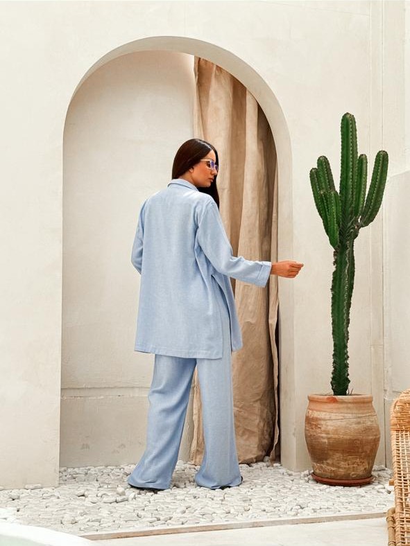 DOUBLE-BREASTED LINEN BLEND BLAZER - Light blue - Image 4