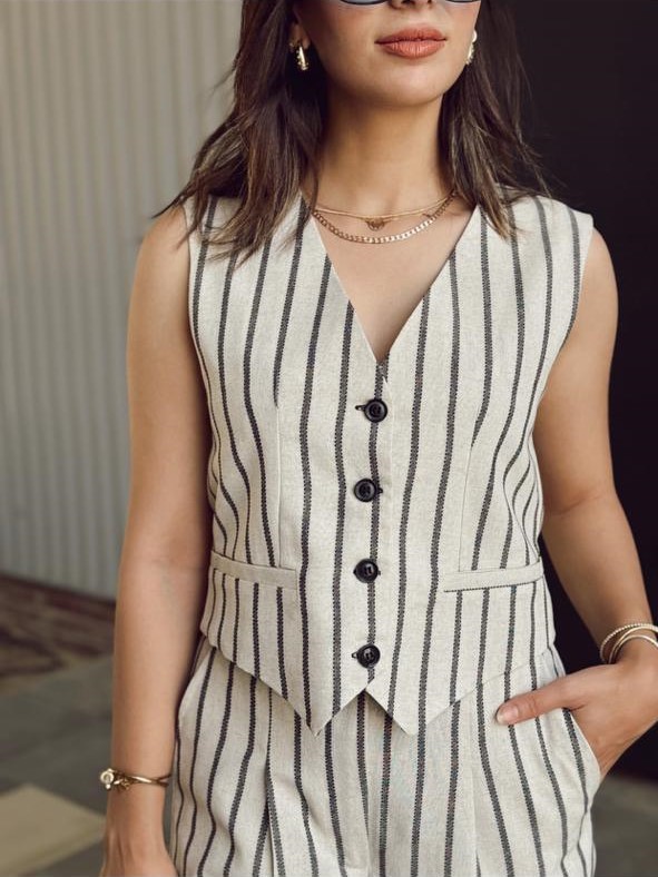 Beige wide lined linen set - Image 2