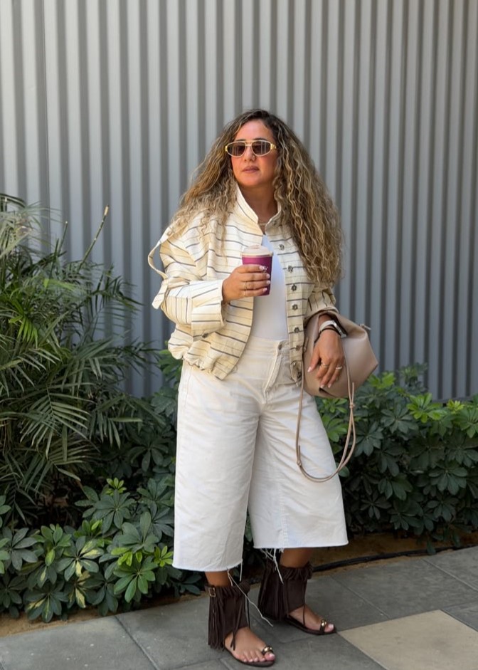 The Cove Jacket — cream pinstripe boxy silhouette, Massari Summer 2026